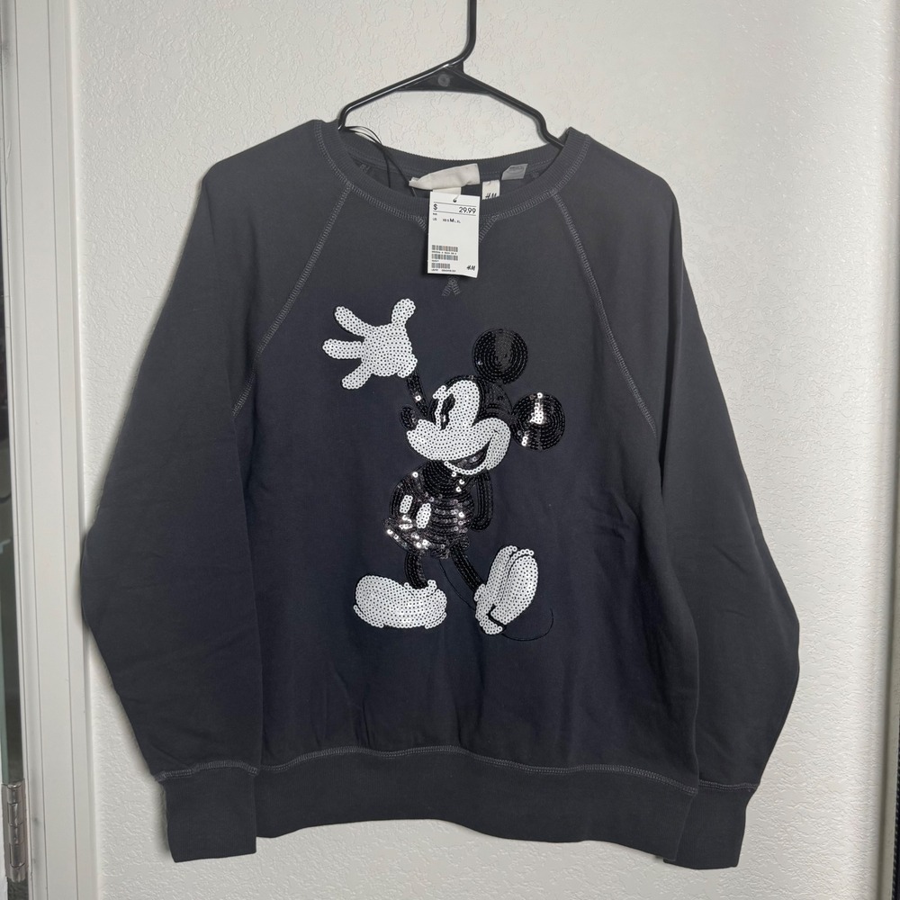 H&M Disney Sweatshirt Womens Medium Grey Mickey Mouse Sequin L.O.G.G. NWT